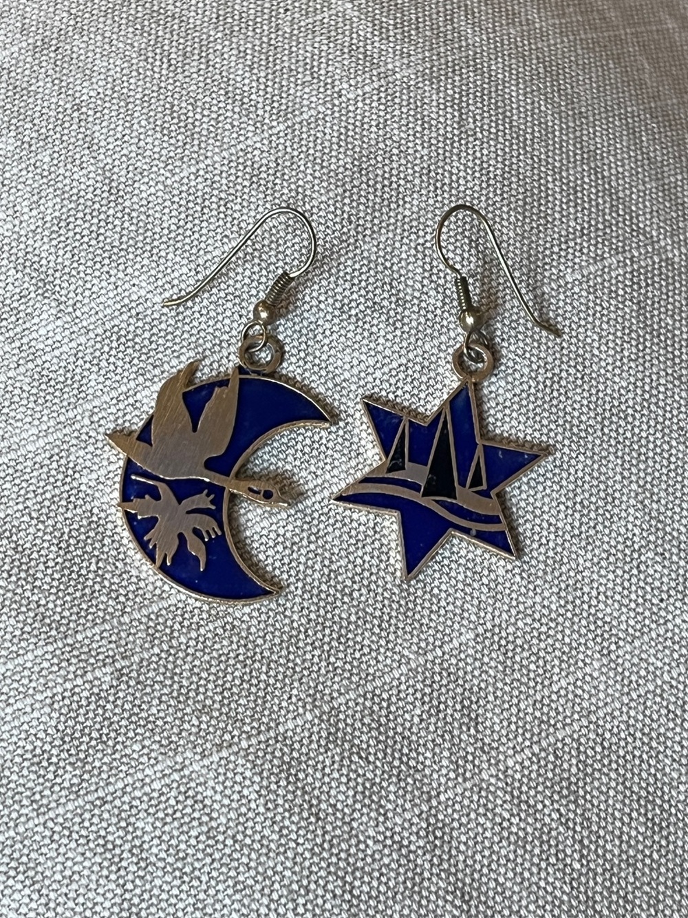 Vintage brass and blue star/moon earrings